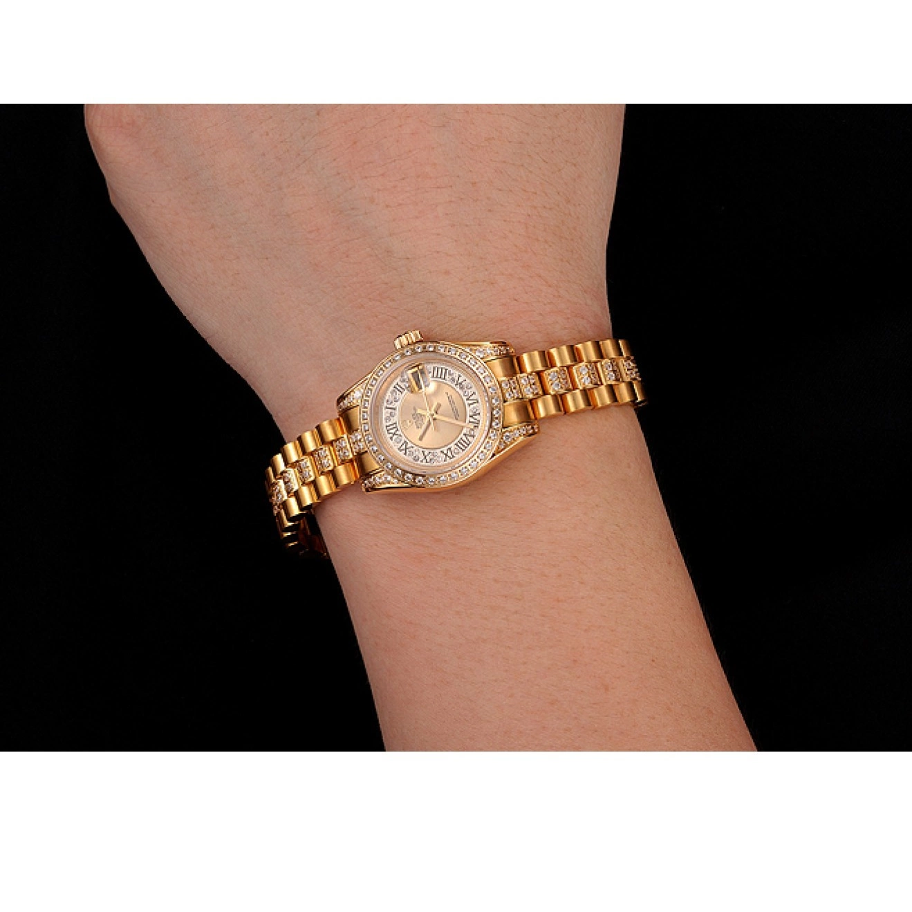 Aaa replica Rolex DayJust Pave Diamond Dial Gold Diamond 1453953 Gold Bracelet Swiss 0705